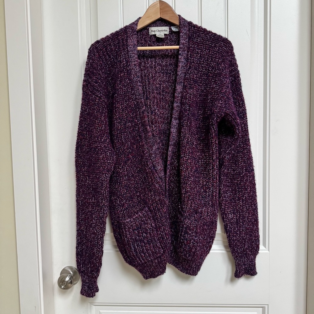 Vintage Ron Chereskin Purple Wool Chunky Knit Cardigan. Size L